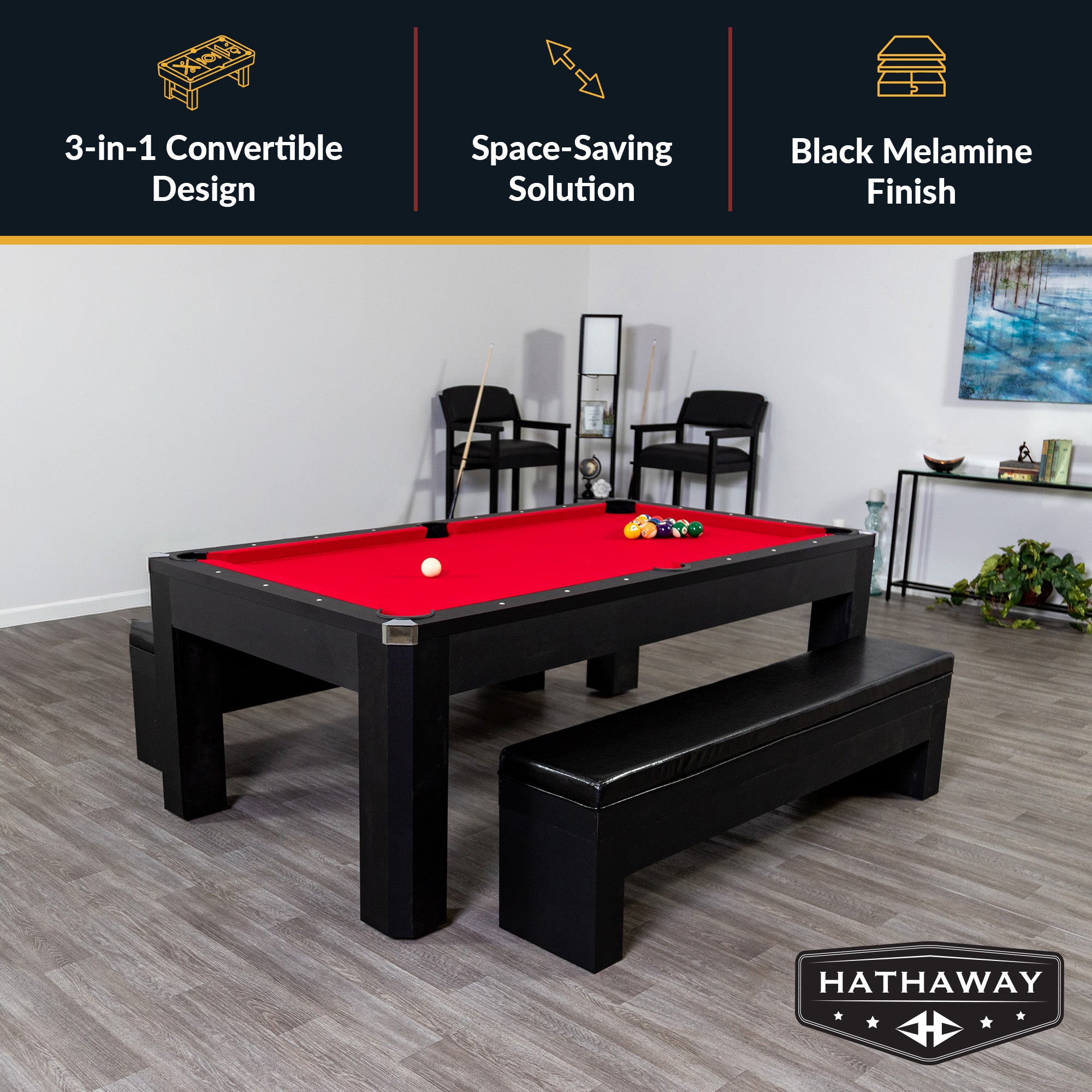 Hathaway Park Avenue 7-ft Pool Table Combo Set with Benches - Black with Red Felt BG2530PR