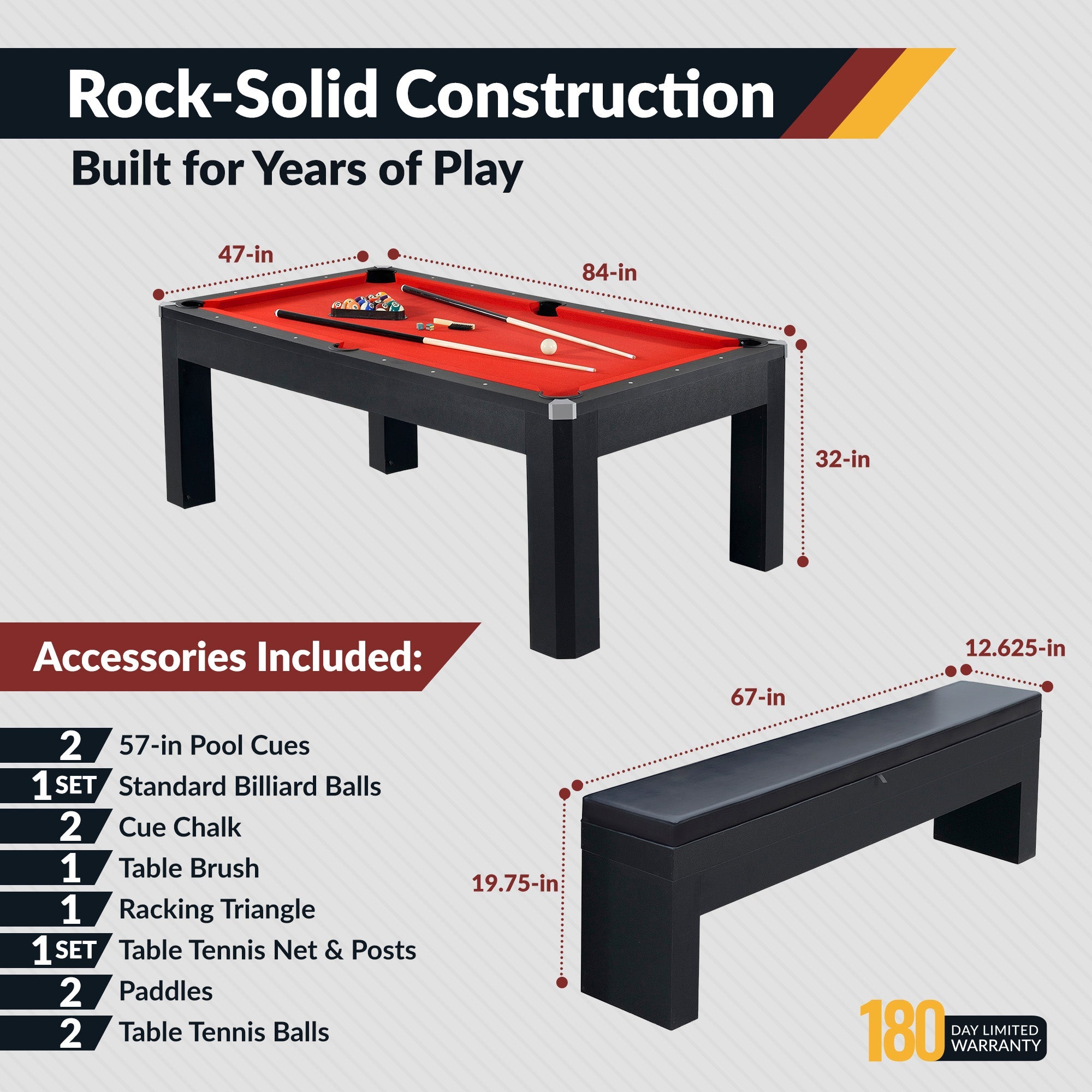 Hathaway Park Avenue 7-ft Pool Table Combo Set with Benches - Black with Red Felt BG2530PR