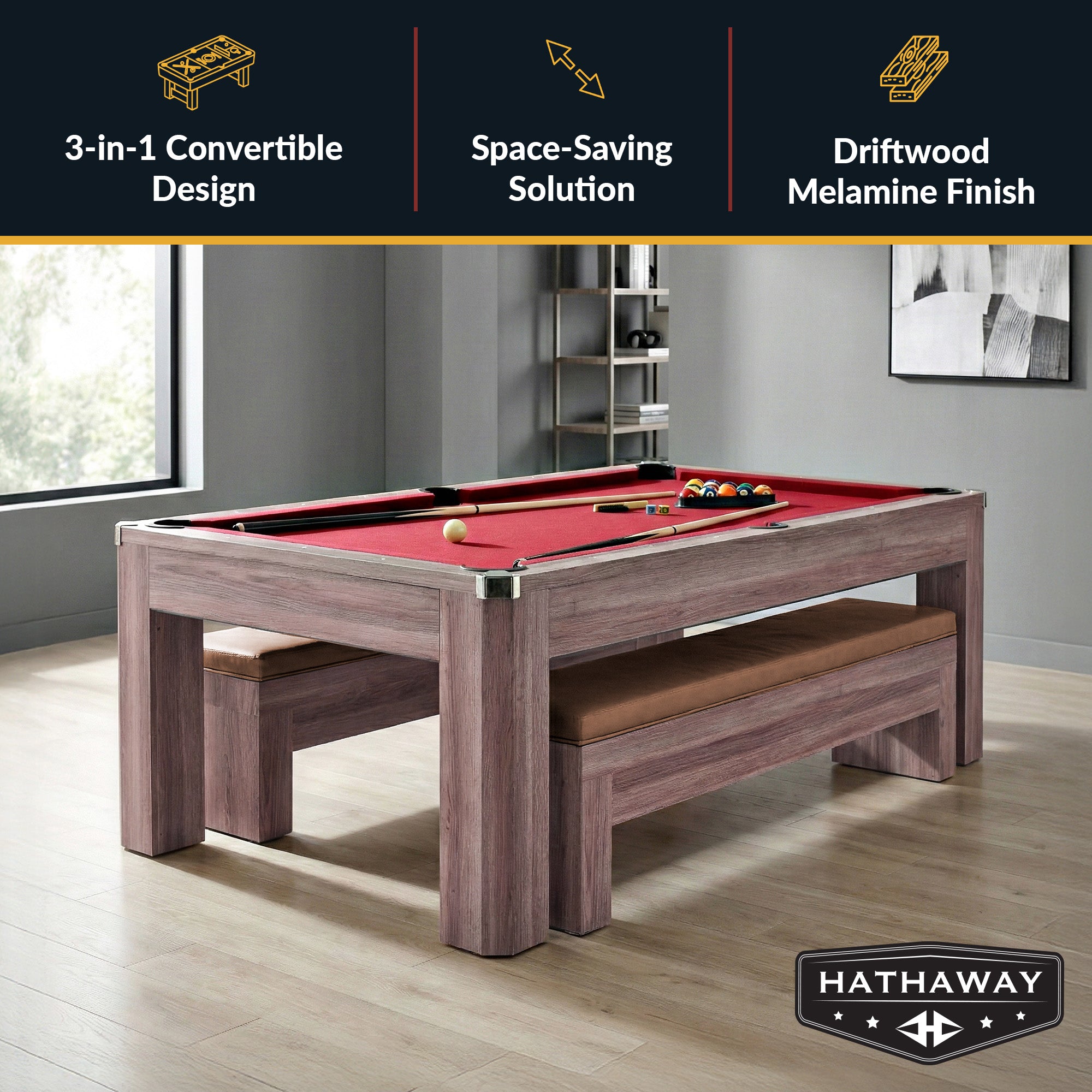Hathaway Newport 7-ft Pool Table Combo Set with Benches - Light Oak with Red Felt BG2535P