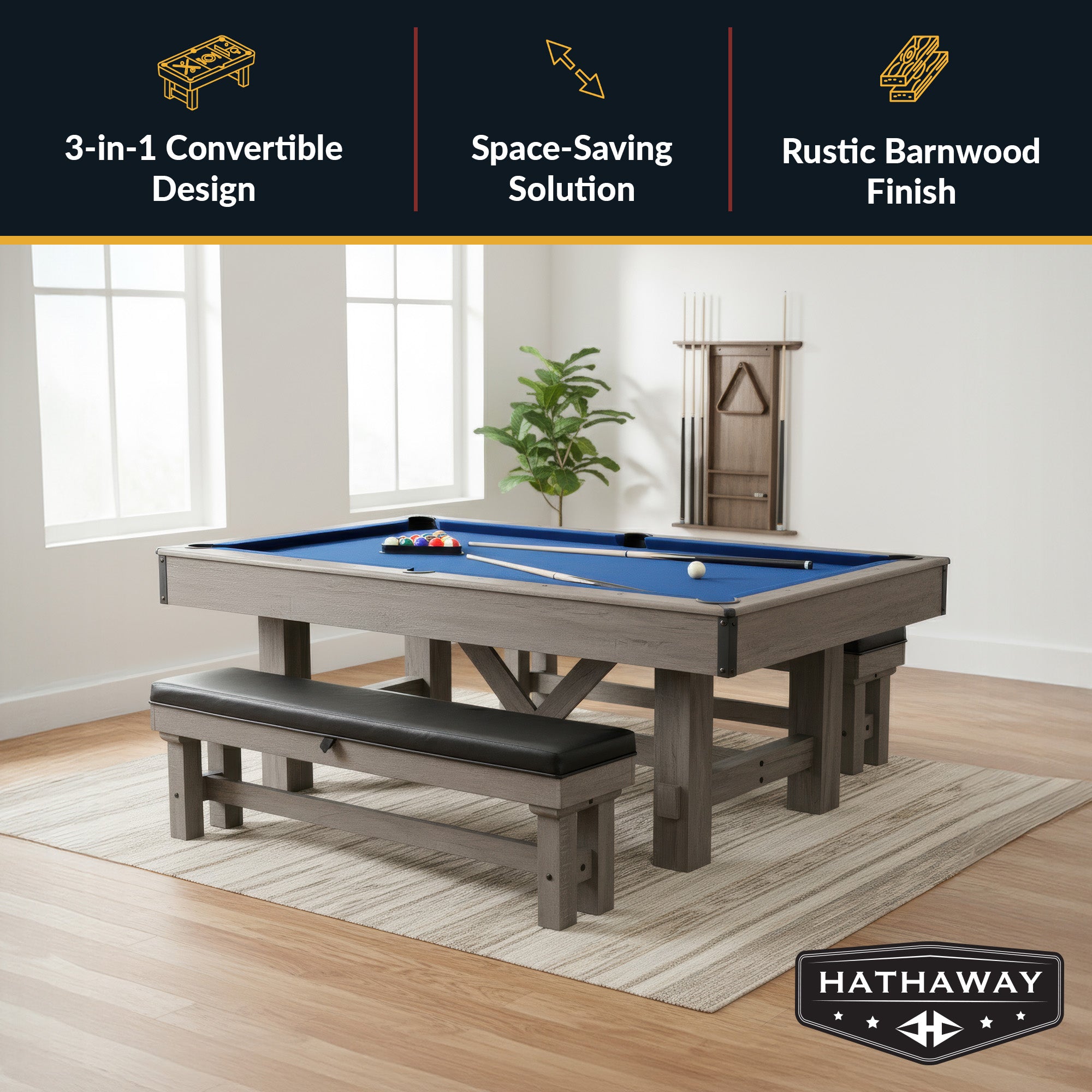 Hathaway Logan 7-ft Pool Table Combo Set with Benches - Rustic Gray with Blue Felt BG50348