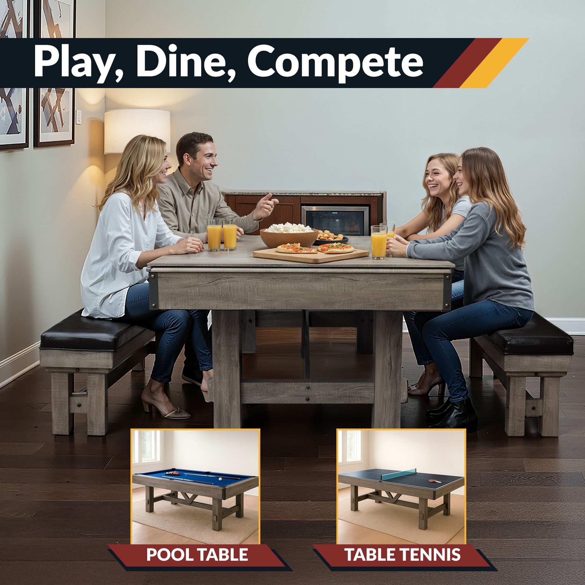 Hathaway Logan 7-ft Pool Table Combo Set with Benches - Rustic Gray with Blue Felt BG50348
