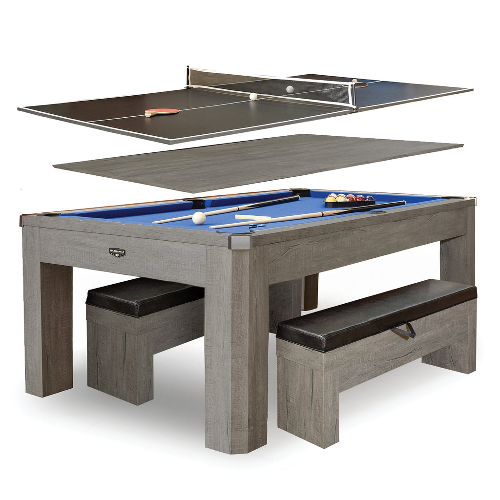 Hathaway Newport 7-ft Pool Table Combo Set with Benches - Rustic Gray with Blue Felt BG50374