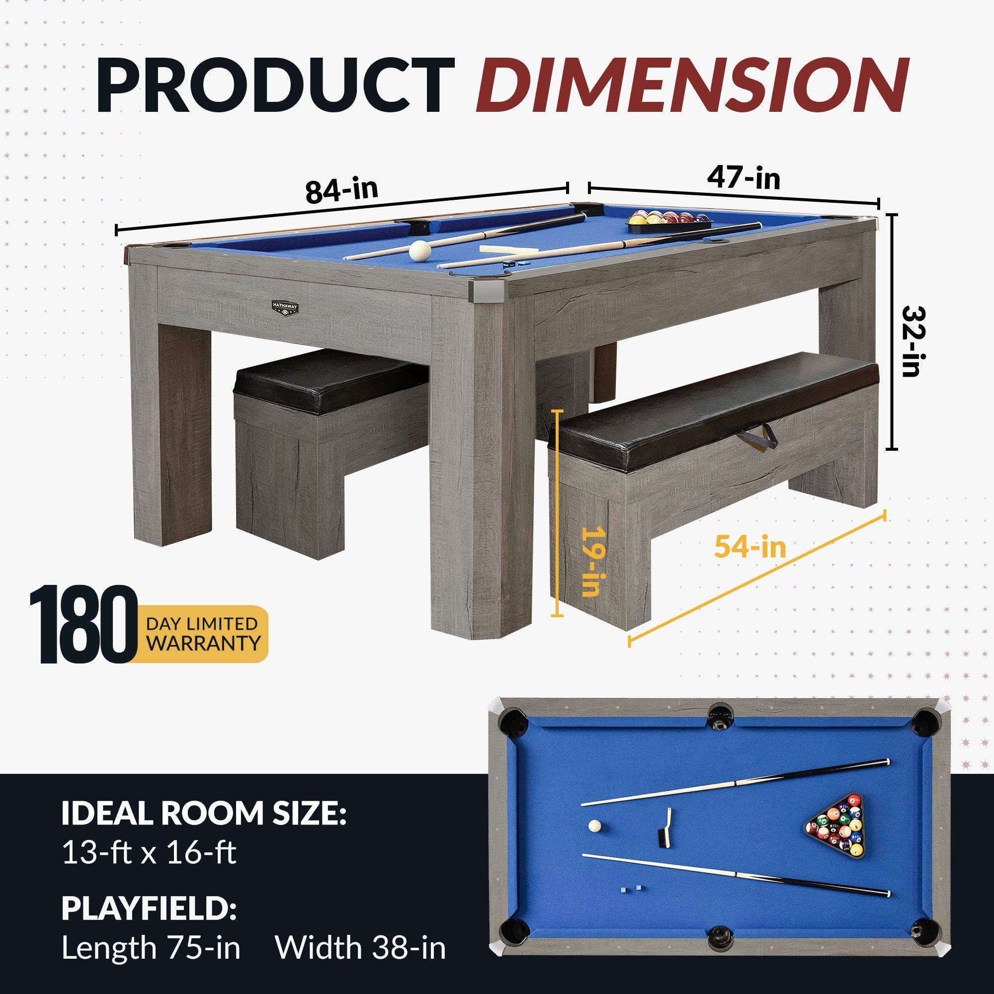 Hathaway Newport 7-ft Pool Table Combo Set with Benches - Rustic Gray with Blue Felt BG50374