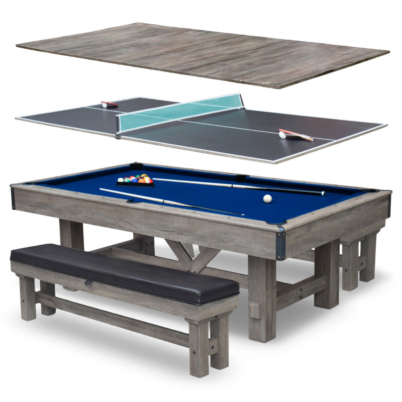 Hathaway Logan 7-ft Pool Table Combo Set with Benches - Rustic Gray with Blue Felt BG50348