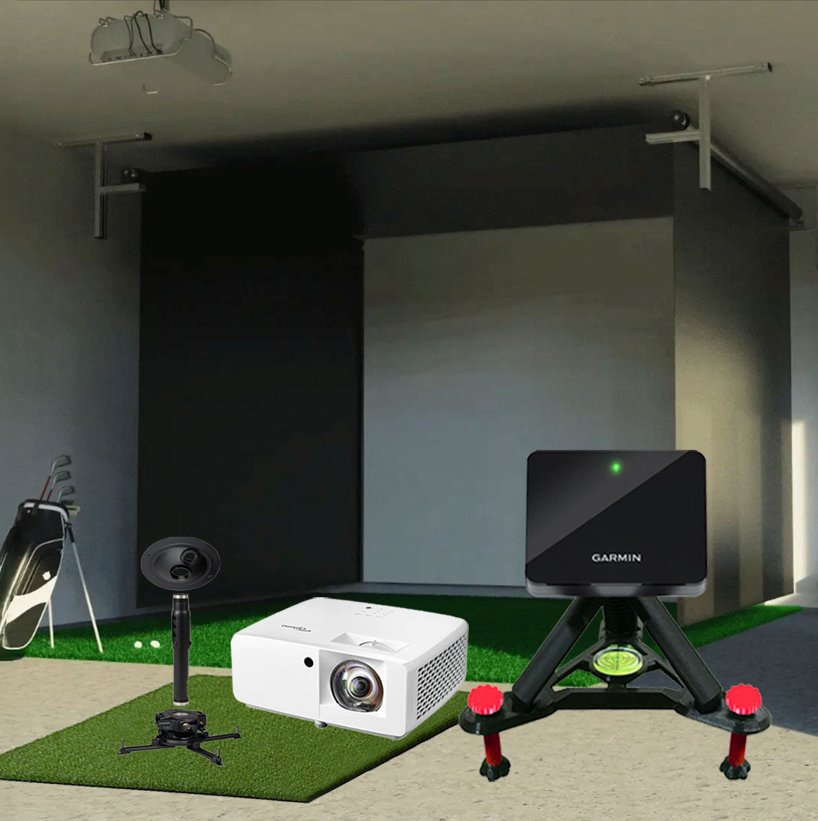 Garmin Approach R10 SportScreen Vanish Retractable Golf Studio Complete Package | Home Golf Simulator Studio with Impact Screen, Enclosure, Hitting Mat, Putting Turf & Projector
