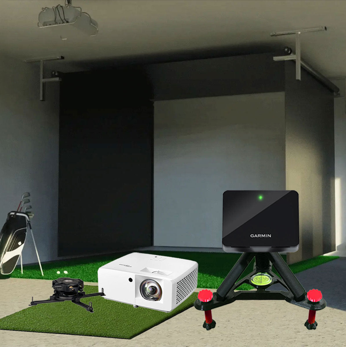Garmin Approach R10 SportScreen Vanish Retractable Golf Studio Complete Package | Home Golf Simulator Studio with Impact Screen, Enclosure, Hitting Mat, Putting Turf & Projector