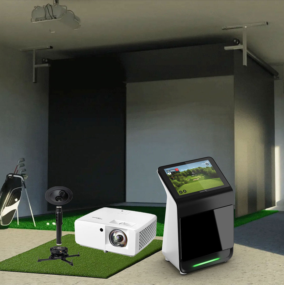 Garmin Approach R50 SportScreen Vanish Retractable Golf Studio Complete Package | Home Golf Simulator Studio with Impact Screen, Enclosure, Hitting Mat, Putting Turf & Projector