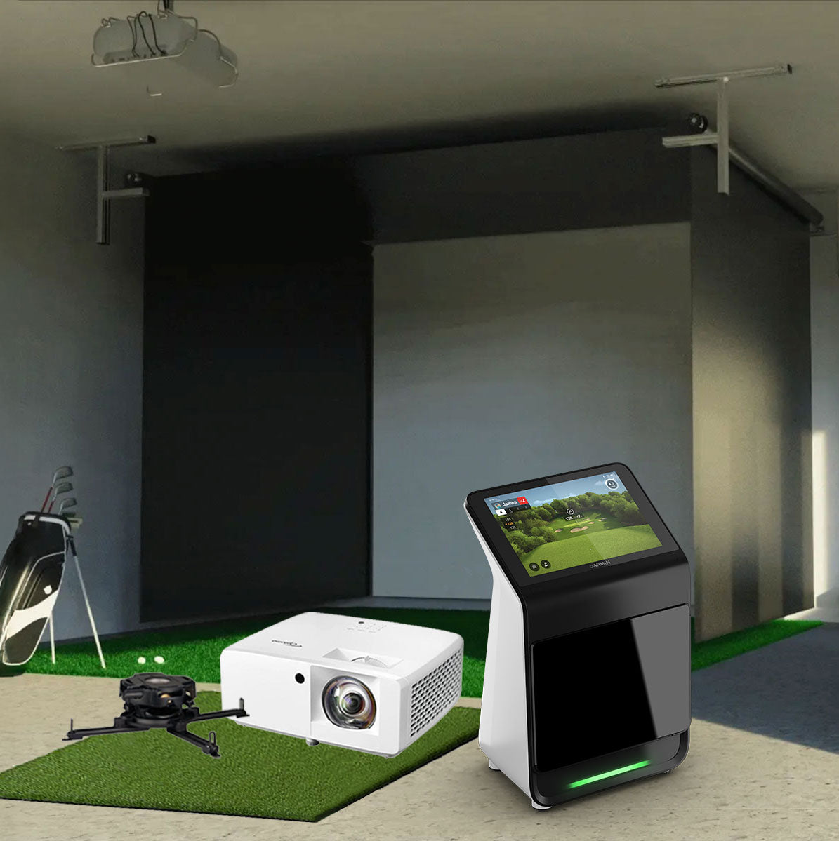 Garmin Approach R50 SportScreen Vanish Retractable Golf Studio Complete Package | Home Golf Simulator Studio with Impact Screen, Enclosure, Hitting Mat, Putting Turf & Projector