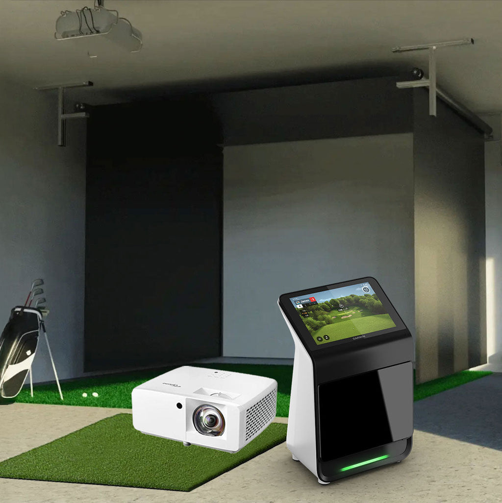 Garmin Approach R50 SportScreen Vanish Retractable Golf Studio Complete Package | Home Golf Simulator Studio with Impact Screen, Enclosure, Hitting Mat, Putting Turf & Projector