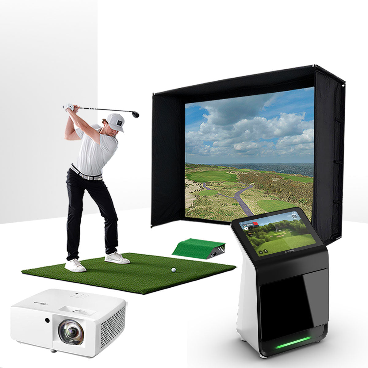 Garmin Approach R50 with PlayBetter SimStudio™ ESSENTIALS Package | Golf Simulator Studio with Impact Screen, Enclosure, Hitting Mat & Projector