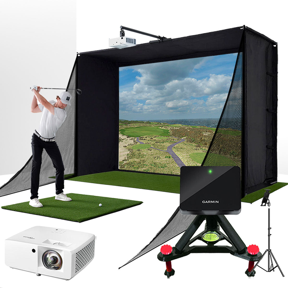Garmin Approach R10 with PlayBetter SimStudio™ COMPLETE Package | Golf Simulator Studio with Impact Screen, Enclosure, Side Barriers, Hitting/Putting Mats, Projector & Alignment Stand