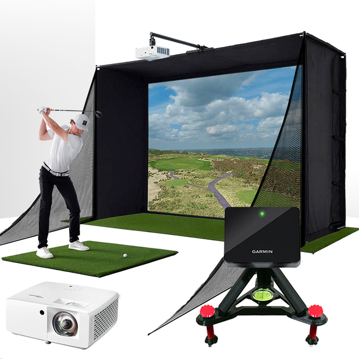 Garmin Approach R10 with PlayBetter SimStudio™ COMPLETE Package | Golf Simulator Studio with Impact Screen, Enclosure, Side Barriers, Hitting/Putting Mats, Projector & Alignment Stand