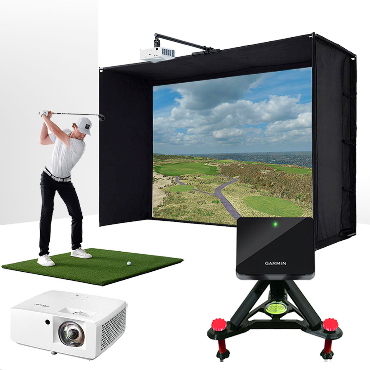 Garmin Approach R10 with PlayBetter SimStudio™ ESSENTIALS Package | Golf Simulator Studio with Impact Screen, Enclosure, Hitting Mat, Projector & Alignment Stand