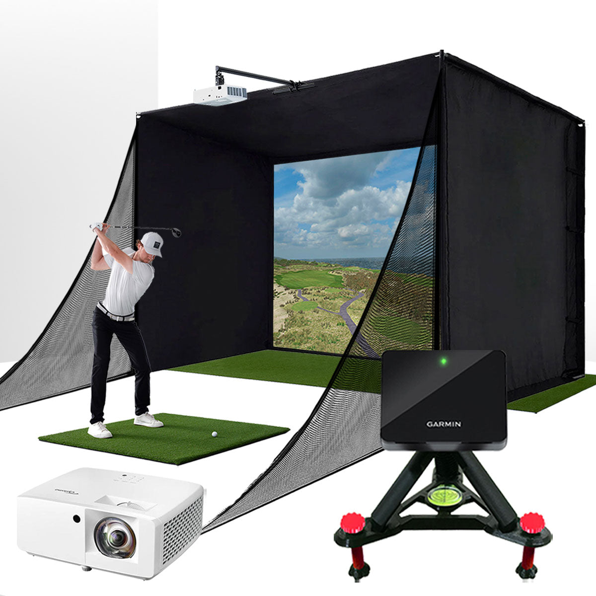 Garmin Approach R10 with PlayBetter SimStudio™ COMPLETE Package | Golf Simulator Studio with Impact Screen, Enclosure, Side Barriers, Hitting/Putting Mats, Projector & Alignment Stand