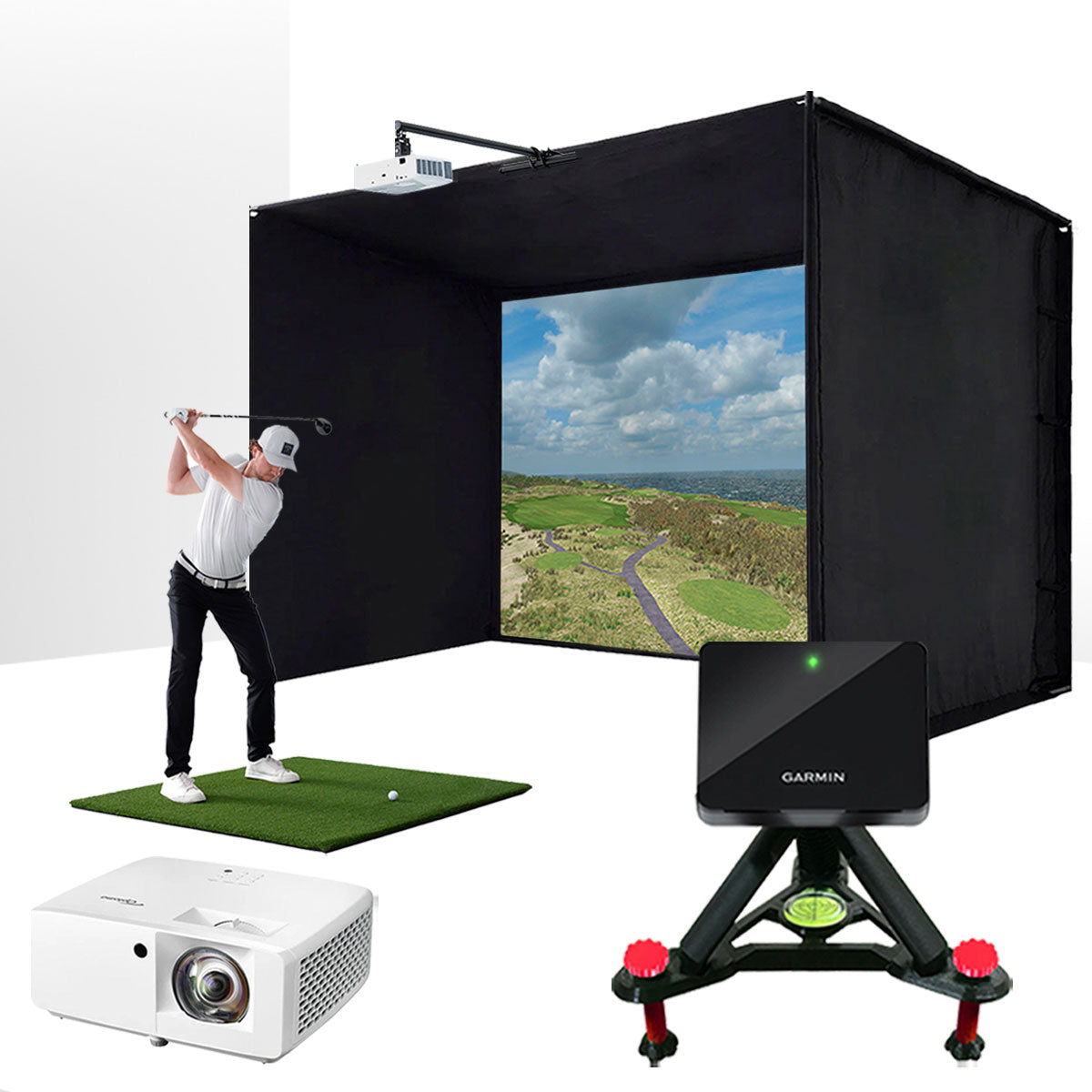Garmin Approach R10 with PlayBetter SimStudio™ ESSENTIALS Package | Golf Simulator Studio with Impact Screen, Enclosure, Hitting Mat, Projector & Alignment Stand