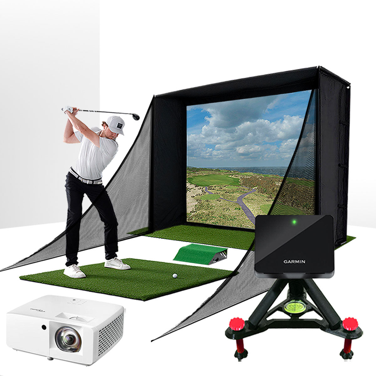 Garmin Approach R10 with PlayBetter SimStudio™ COMPLETE Package | Golf Simulator Studio with Impact Screen, Enclosure, Side Barriers, Hitting/Putting Mats, Projector & Alignment Stand