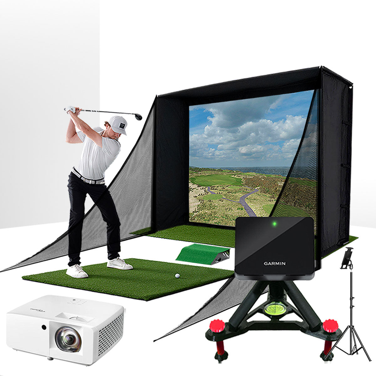 Garmin Approach R10 with PlayBetter SimStudio™ COMPLETE Package | Golf Simulator Studio with Impact Screen, Enclosure, Side Barriers, Hitting/Putting Mats, Projector & Alignment Stand