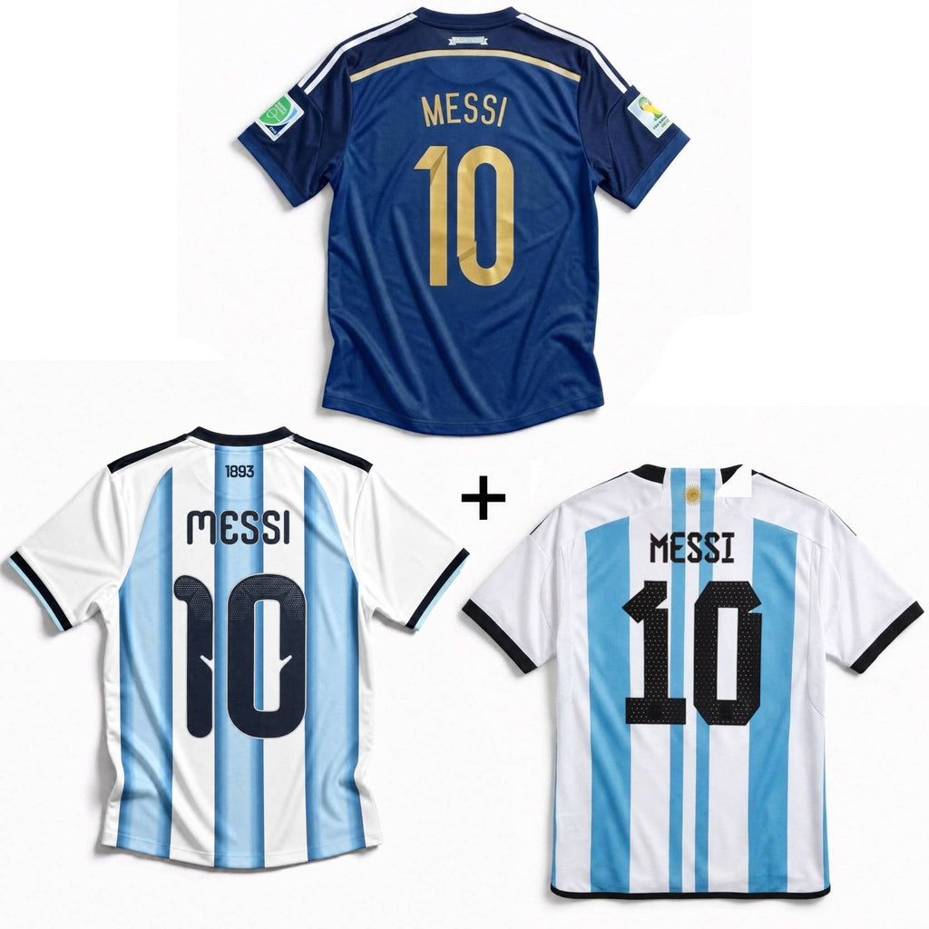 Maglia Messi Argentina Away World Cup Final 2014 + Maglia Messi Argentina Home 2022 World Cup Winners + Maglia Messi Argentina Home 2026 World Cup