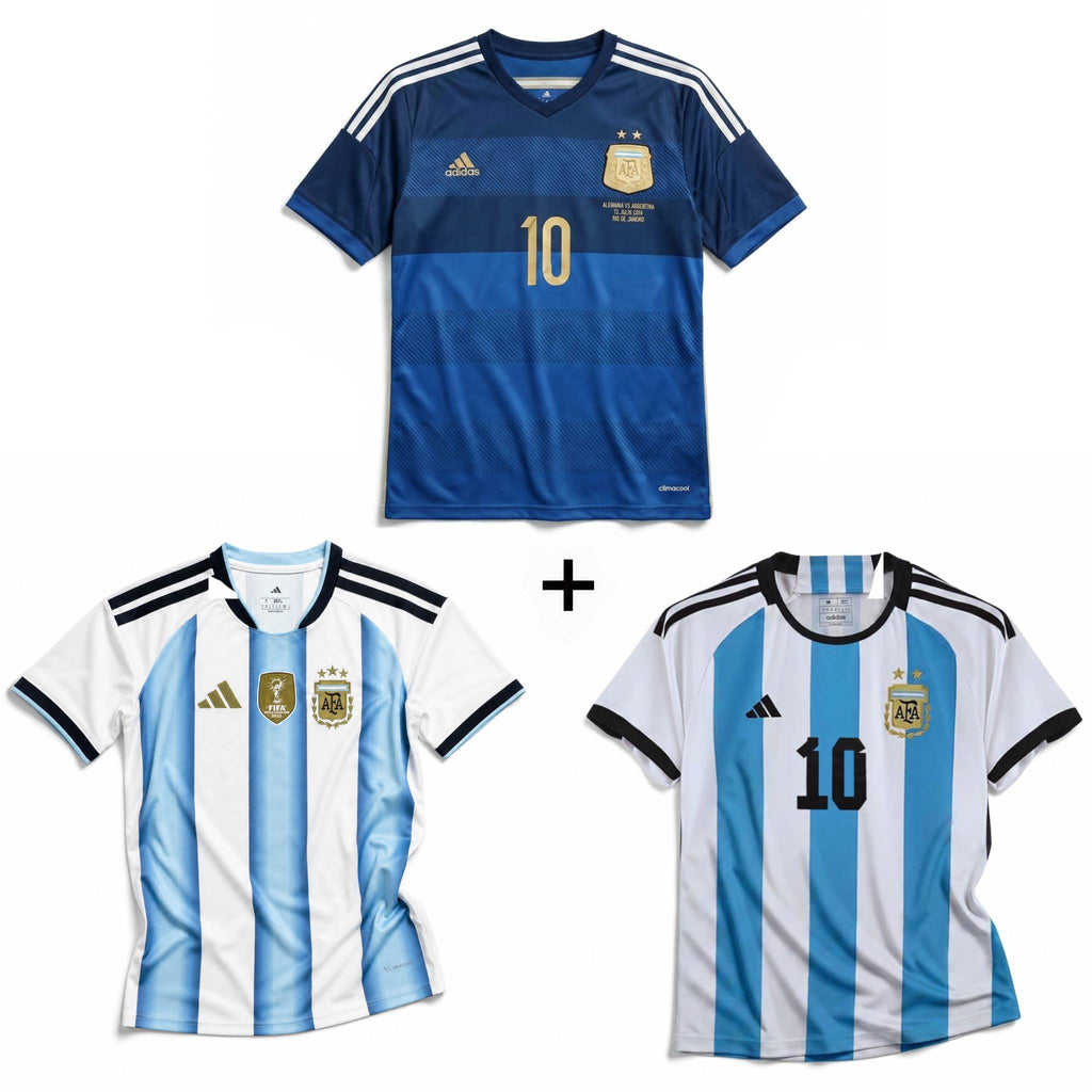 Maglia Messi Argentina Away World Cup Final 2014 + Maglia Messi Argentina Home 2022 World Cup Winners + Maglia Messi Argentina Home 2026 World Cup